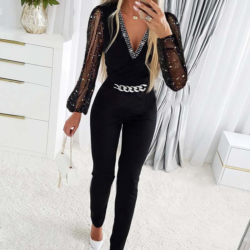 Damen V-Ausschnitt Strass Mesh Jumpsuit
