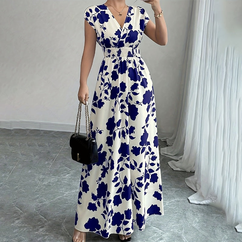 Damen Wickelkleid V-Ausschnitt Kurzarm Empire-Taille Elastische Taille Sommer Lässige Elegante Maxi Lange Kleider