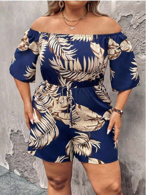 Europäischer und amerikanischer schulterfreier Jumpsuit mit Pflanzenmuster und Taillengürtel mit Shorts