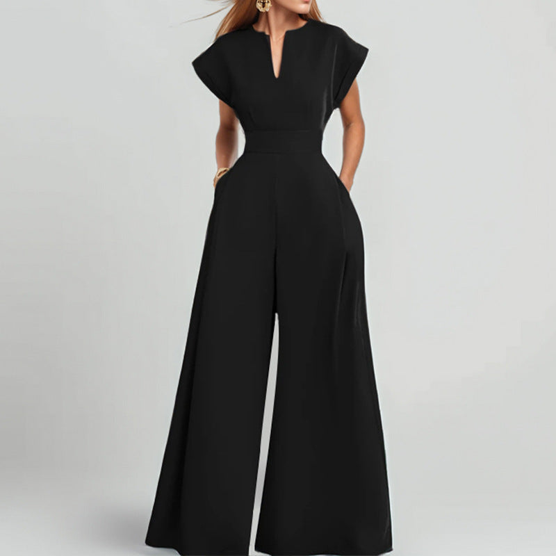 Elegante Damen Jumpsuit, Einfarbig, V-Ausschnitt, Ärmellos, mit weiter Hose