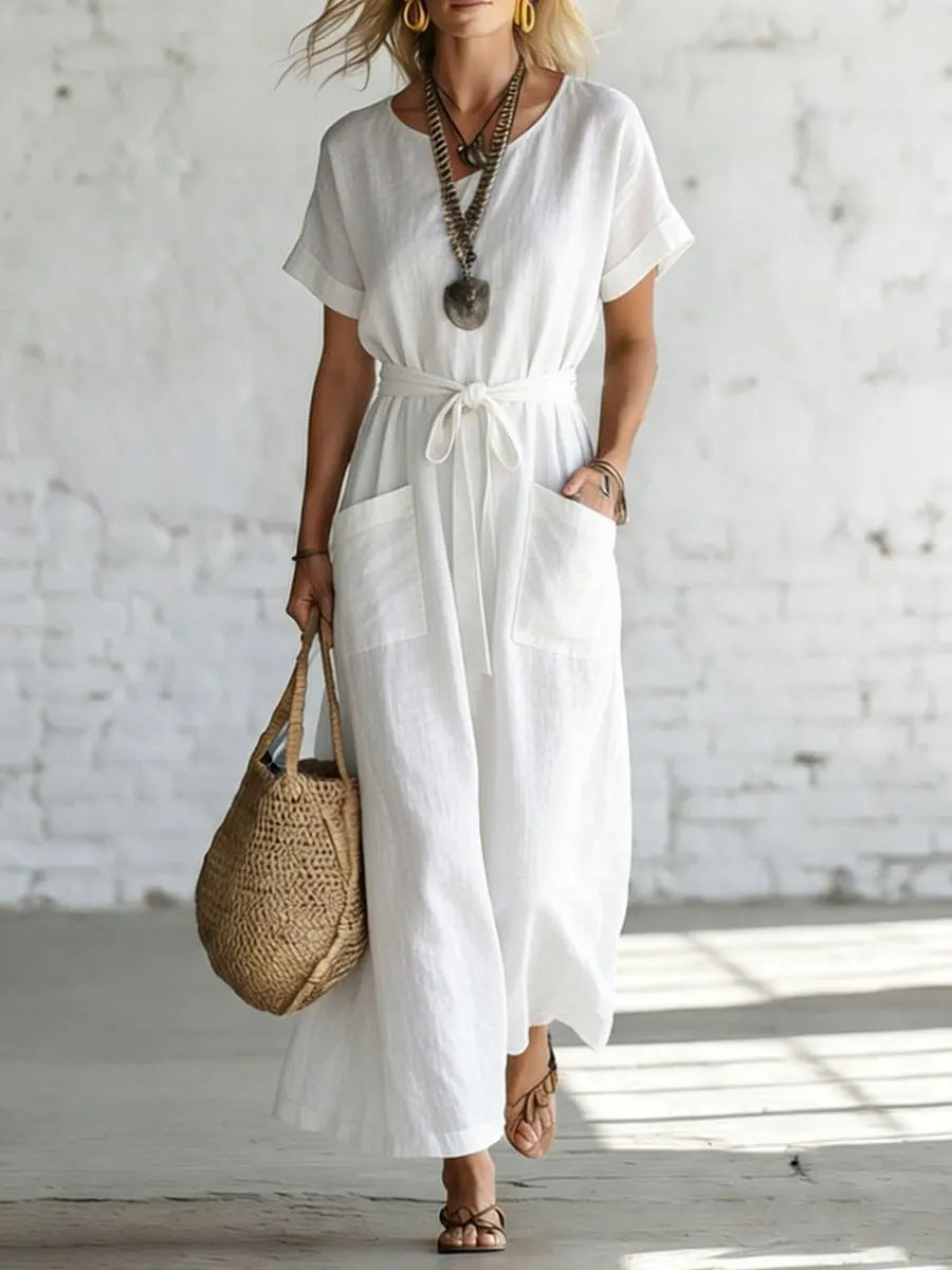 Short-Sleeve V-Neck Cotton-Linen Casual A-Line Dress