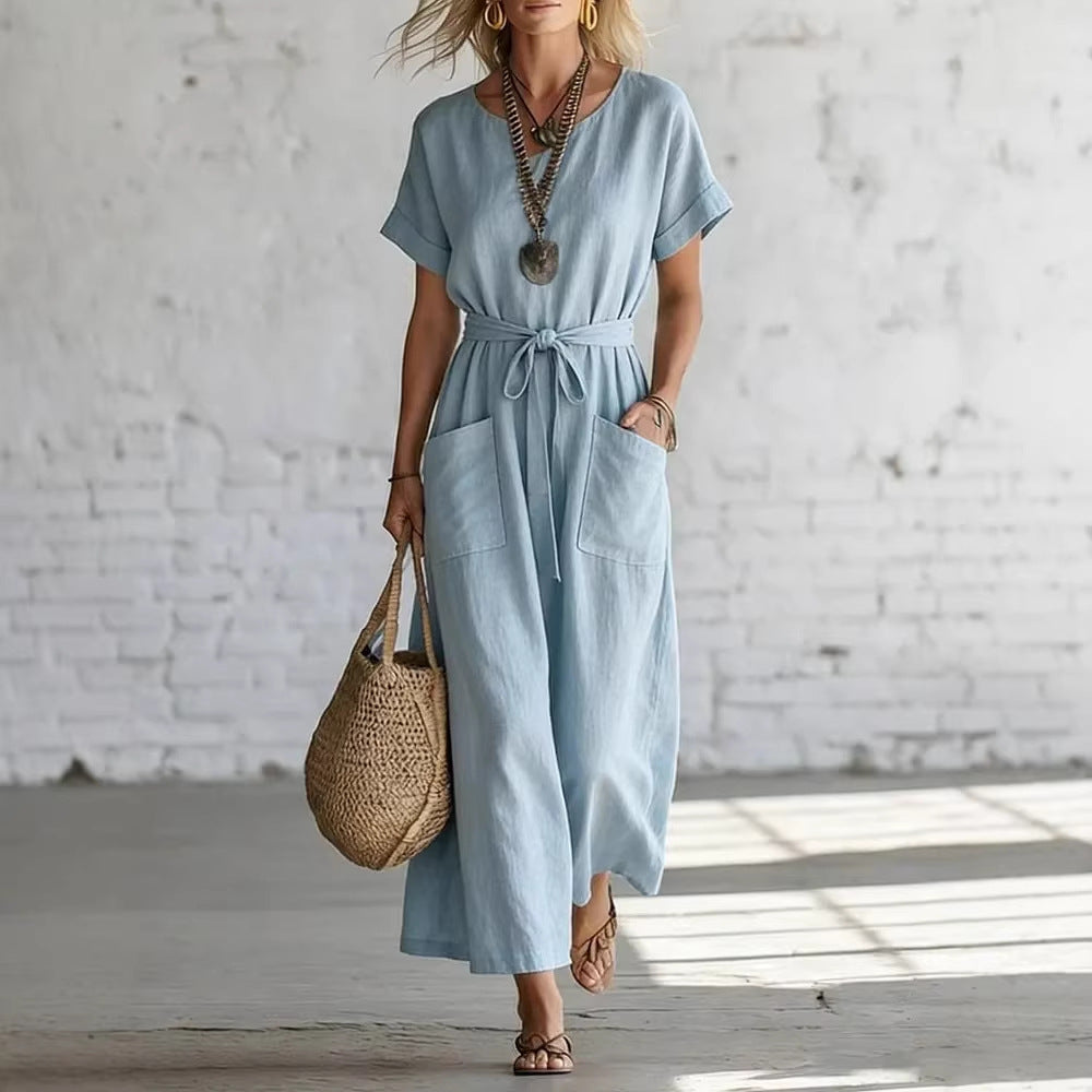 Short-Sleeve V-Neck Cotton-Linen Casual A-Line Dress