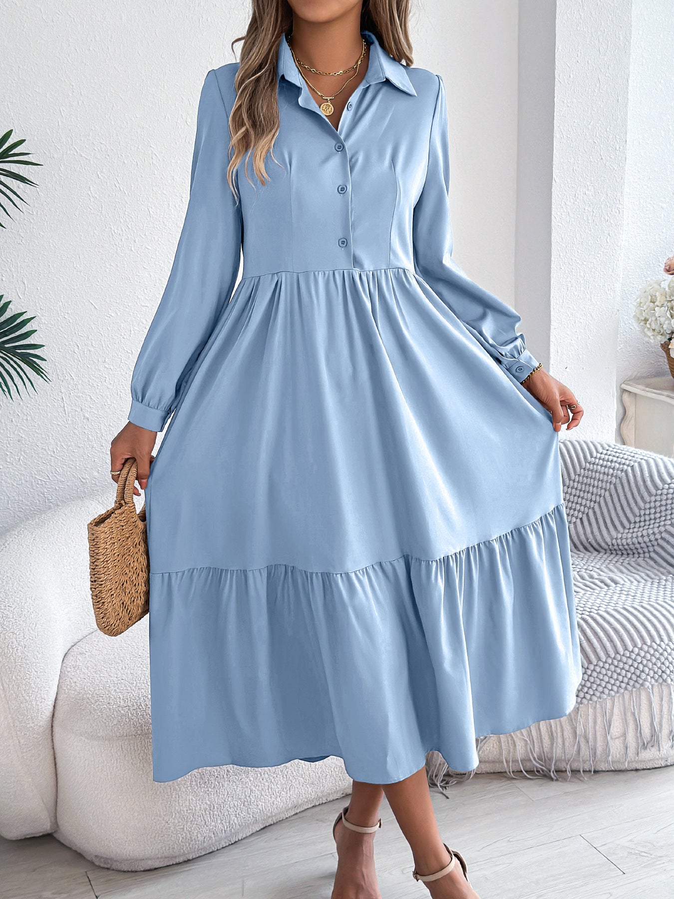 Damen Revers Casual Loose Langarm Rüschen Hemdblusenkleid Langarm Umlegekragen Einreiher Kleid Frühling Herbst Mode Damenbekleidung für den Urlaub