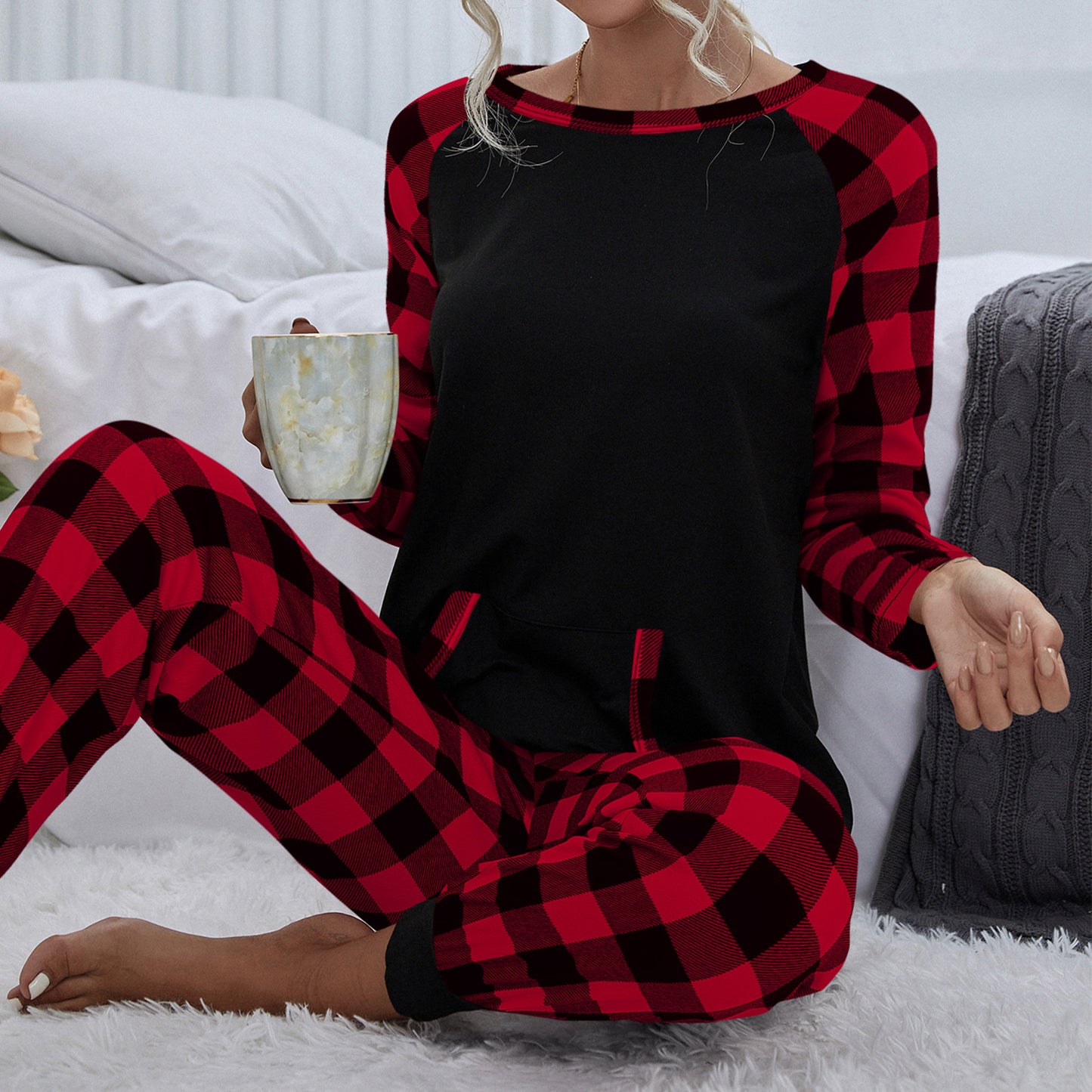 Women's Fashion Plaid Crew Neck Home Leisure Loose Outfit