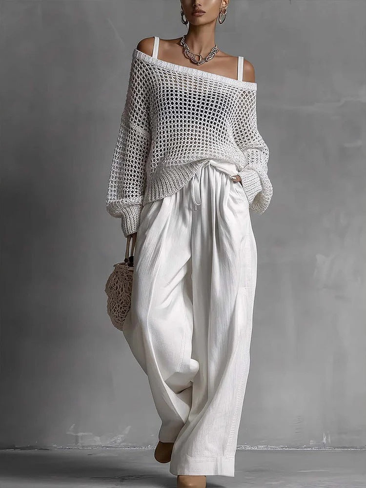 Womens Comfortable Hollow-Out Knitted Top And Linen Pants Two-Piece Set