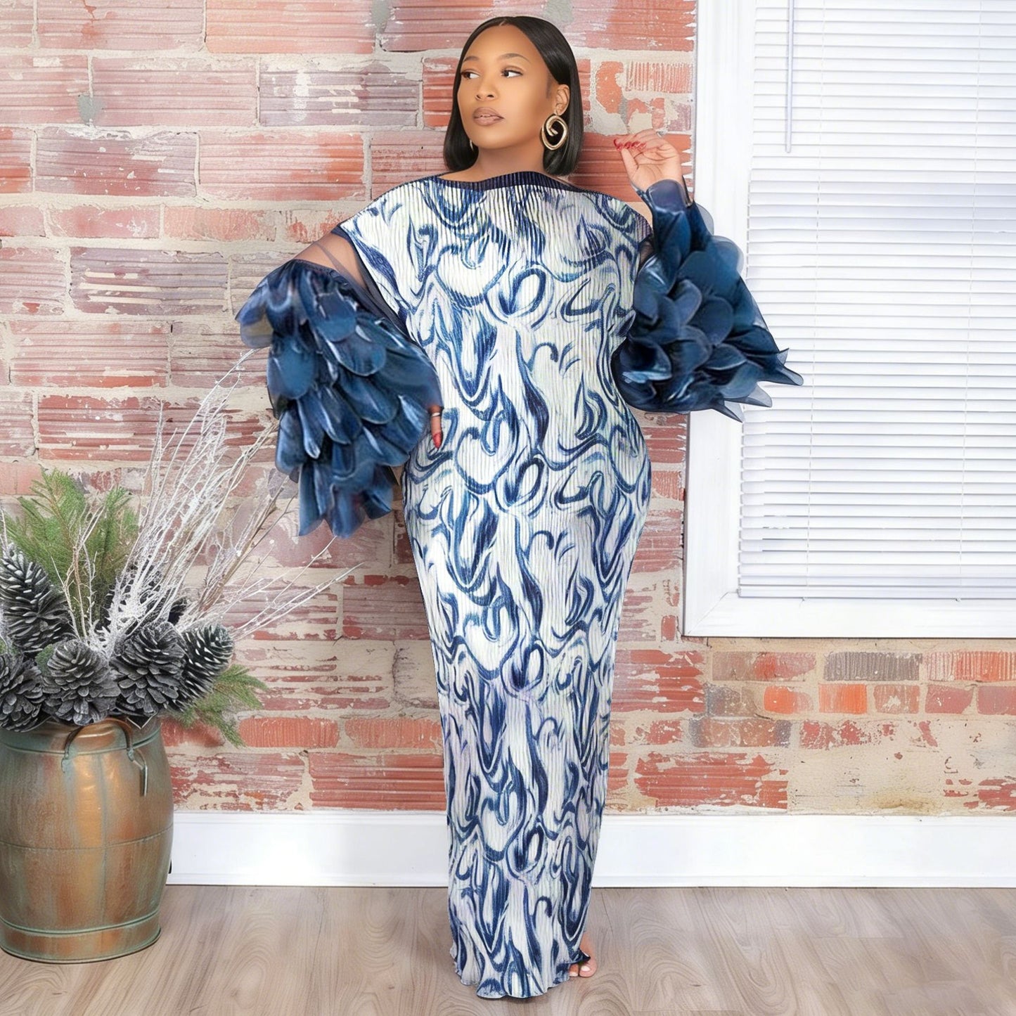 Feather-Panelled Miyake Pleats Fashionable Printed Dress