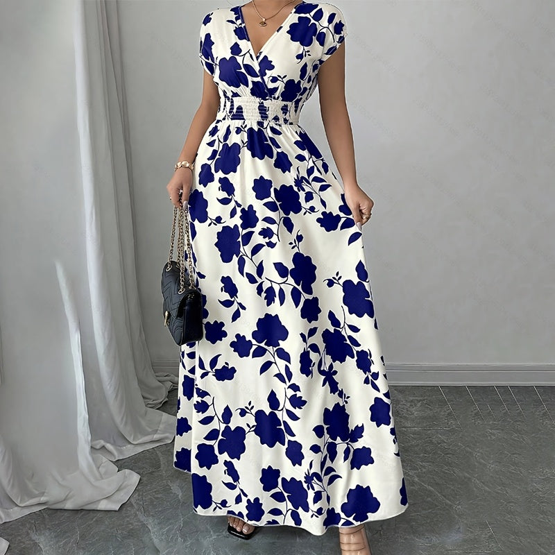 Damen Wickelkleid V-Ausschnitt Kurzarm Empire-Taille Elastische Taille Sommer Lässige Elegante Maxi Lange Kleider