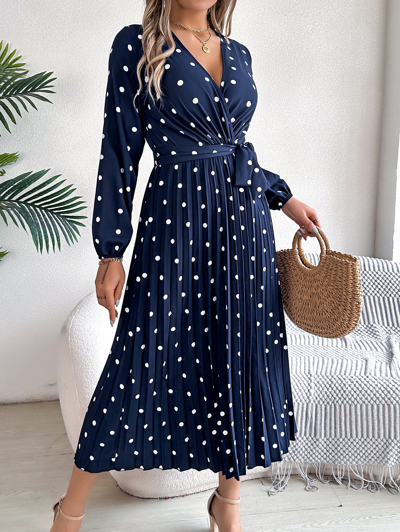 Robe longue élégante printemps-été, col en V croisé, pois contrastants, manches longues, plissée, robes de demoiselle d'honneur