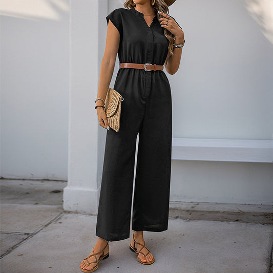 Casual Chic Waist-Cinched Short-Sleeve V-Neck Straight-Jump Suit For Women