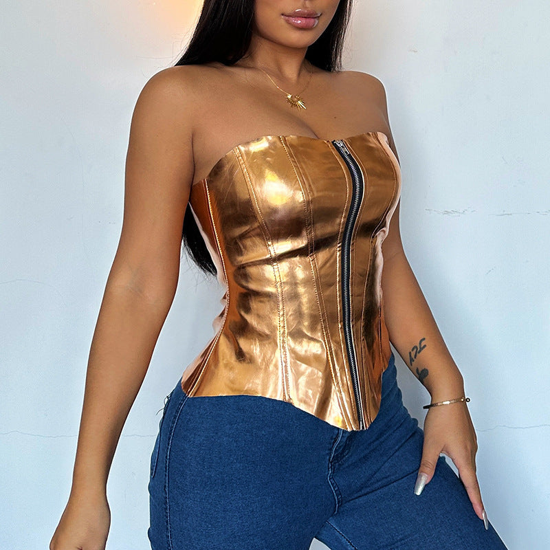 Sexy Fashion-forward Metallic Patent Leather Tube Top