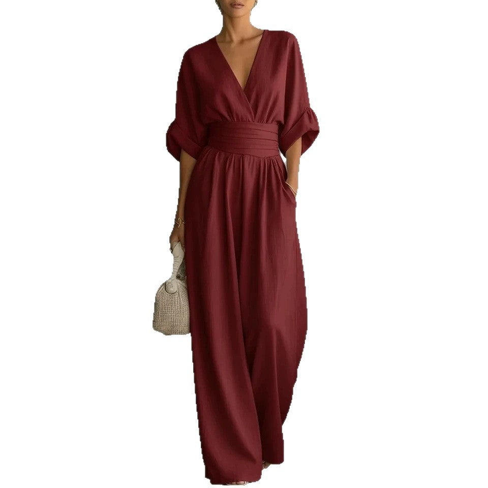 Sommer Kurzarm Jumpsuit Mode Lässig V-Ausschnitt Weite Hose Damenbekleidung