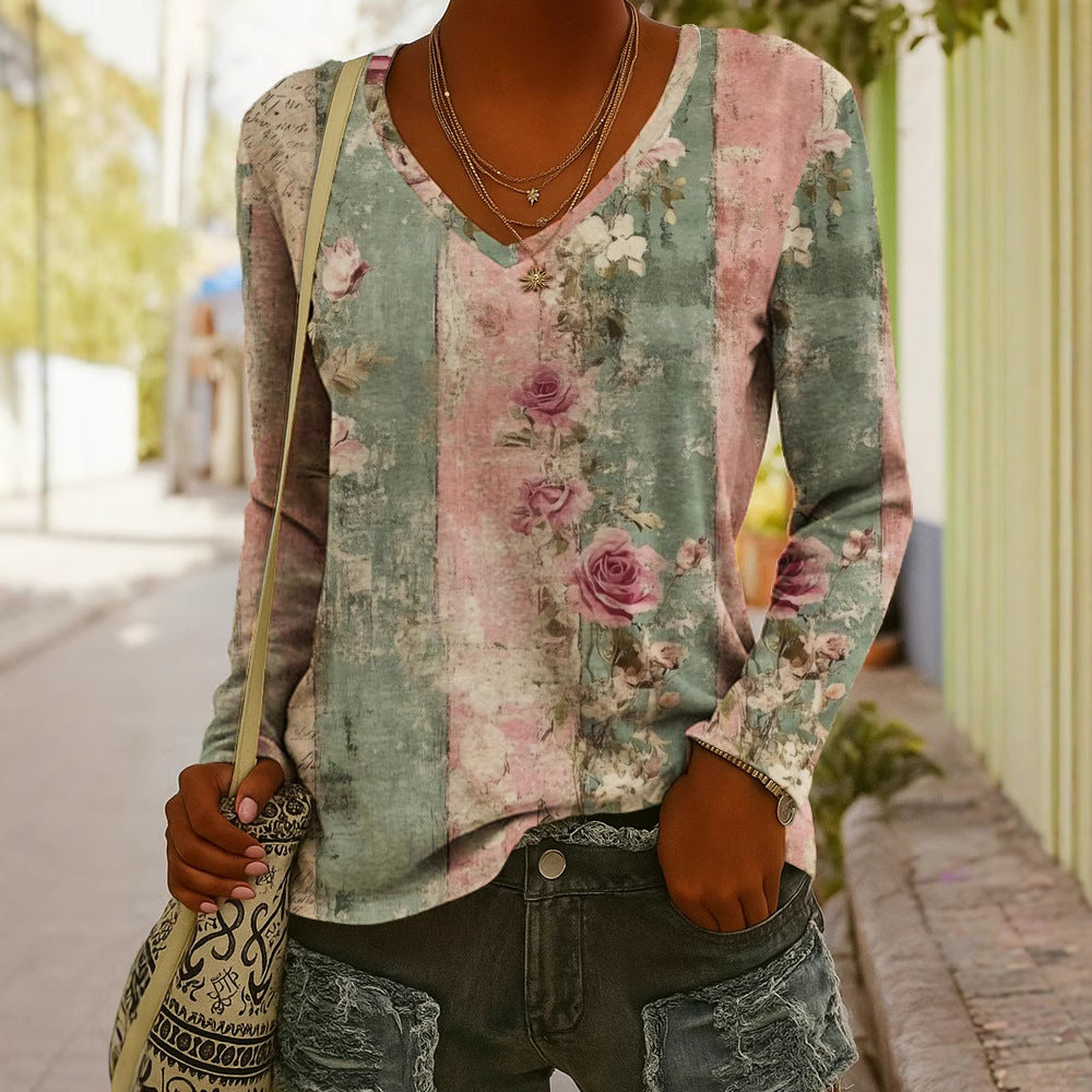T-shirt à manches longues imprimé col en V style ethnique tendance