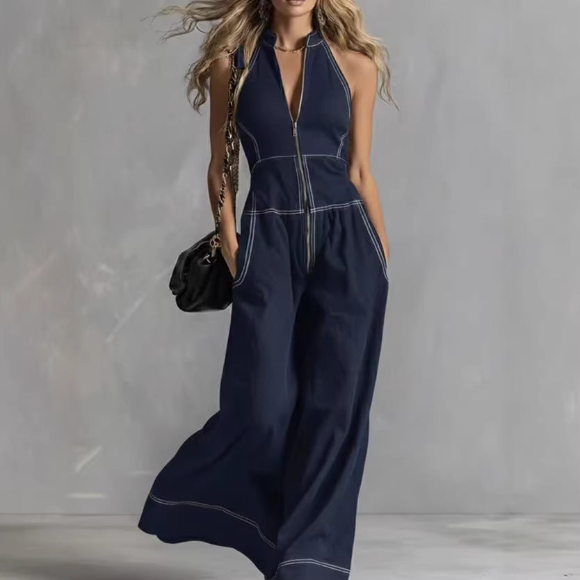 Europäischer und amerikanischer Sommerstil, elegant, ärmellos, mit Reißverschluss vorne, weites Bein, Jumpsuit