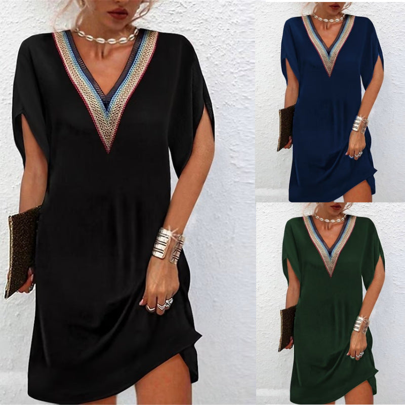 Modisches Temperament Ausschnitt Farbe Spitze Kleid