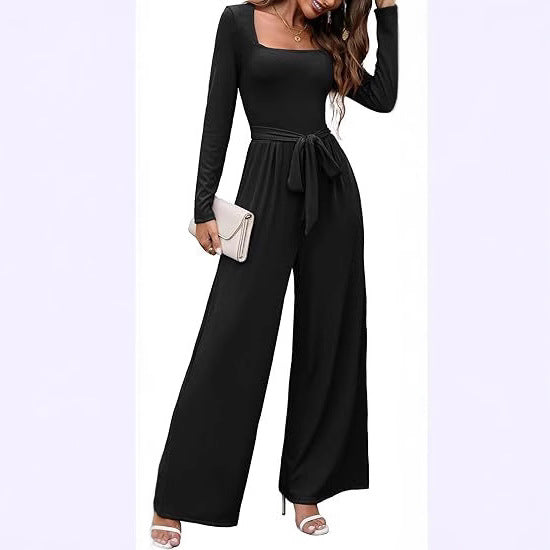 Modischer langärmeliger Jumpsuit mit eckigem Ausschnitt, Bindegürtel und weitem Bein