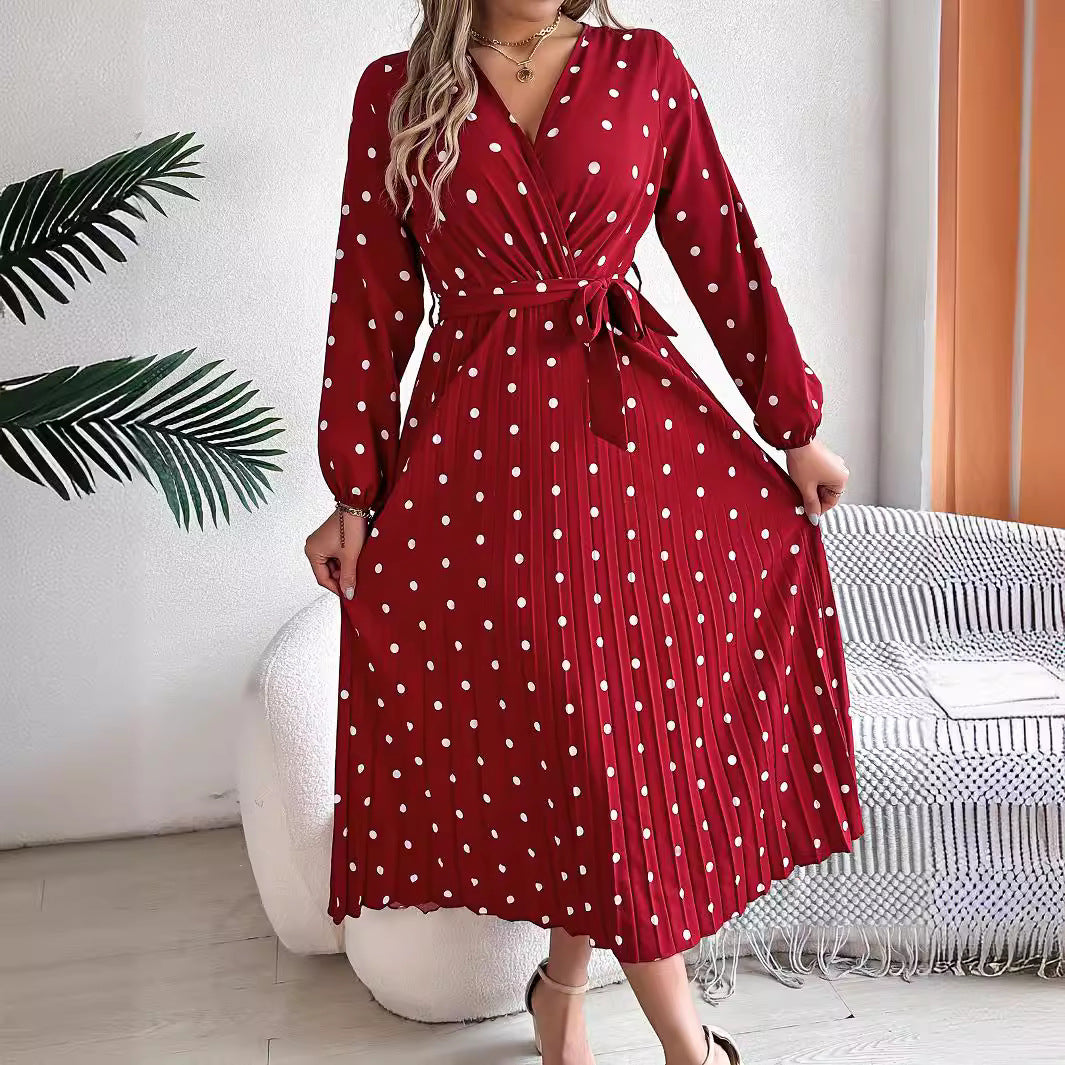 Robe longue élégante printemps-été, col en V croisé, pois contrastants, manches longues, plissée, robes de demoiselle d'honneur