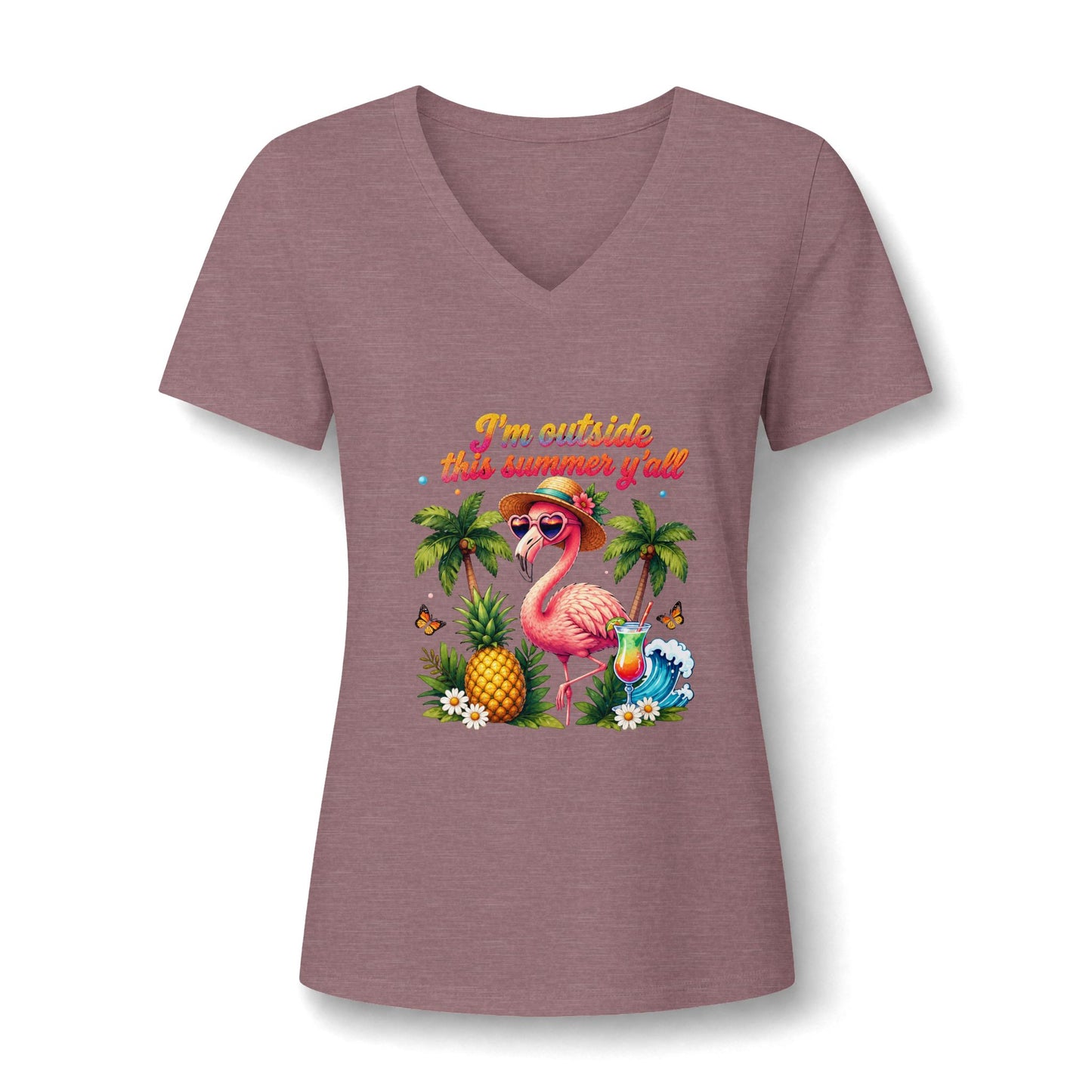 Women’s V-Neck Tee – 'I’m Outside This Summer y’all' Flamingo Tropical Beach Shirt