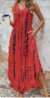 Robe longue femme sans manches à col en V asymétrique fendue avec poche, motif tie-dye