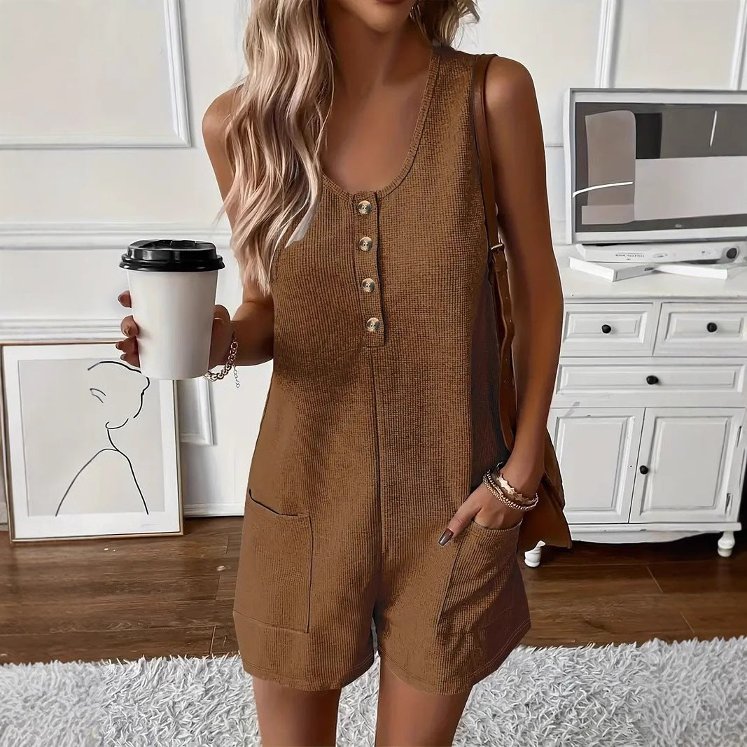 Casual Buttoned-pocket Vest Jumpsuit