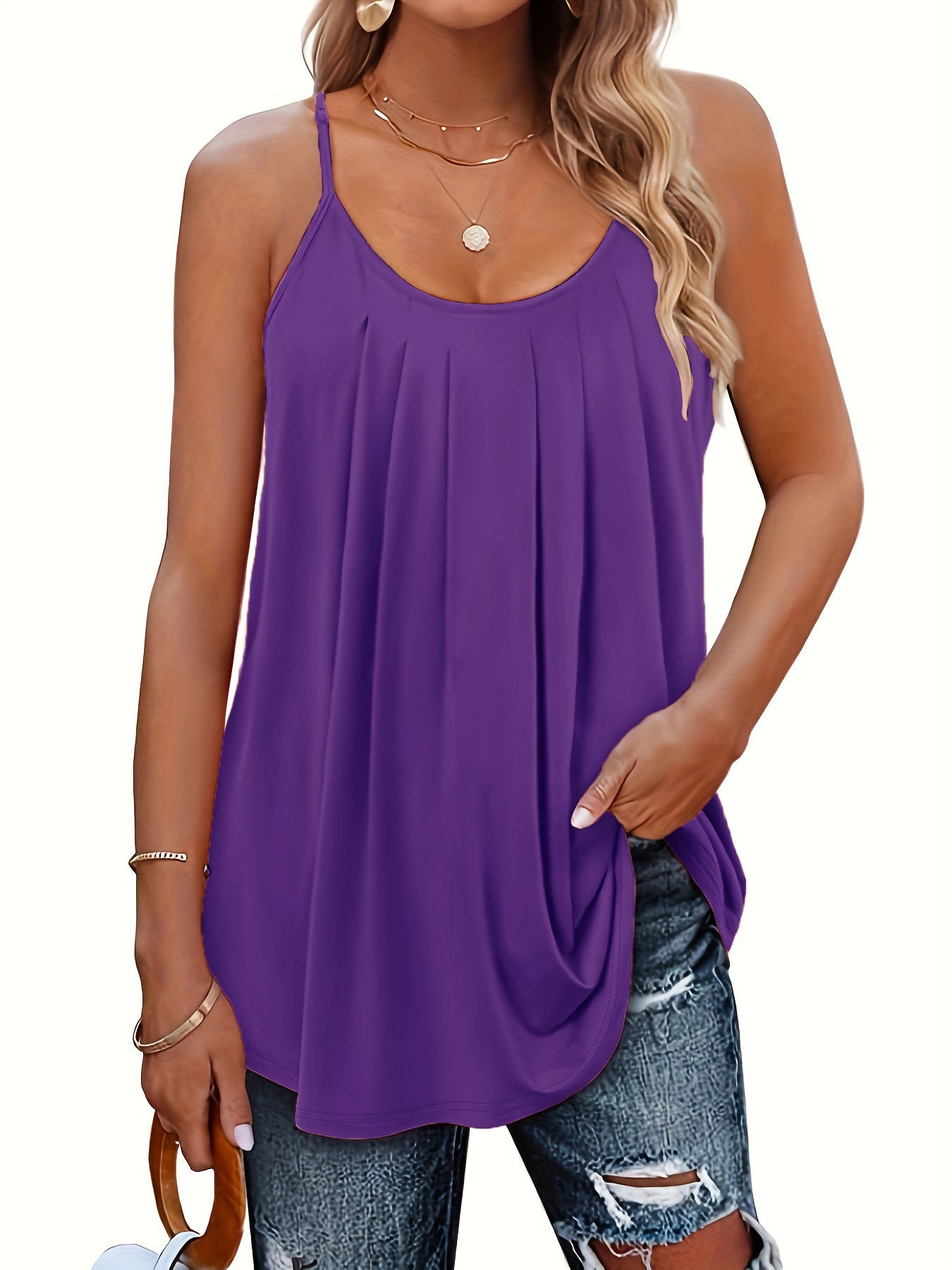 Women's Casual Summer Pleated Round Neck Keyhole Loose Top