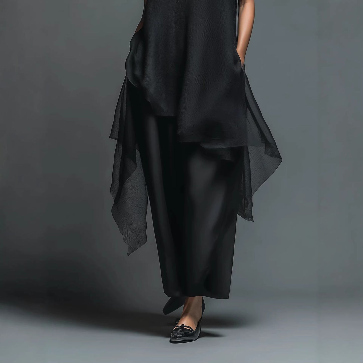 Hochgeschlossenes, asymmetrisches zweiteiliges Set aus schwarzem Slip-Chiffon