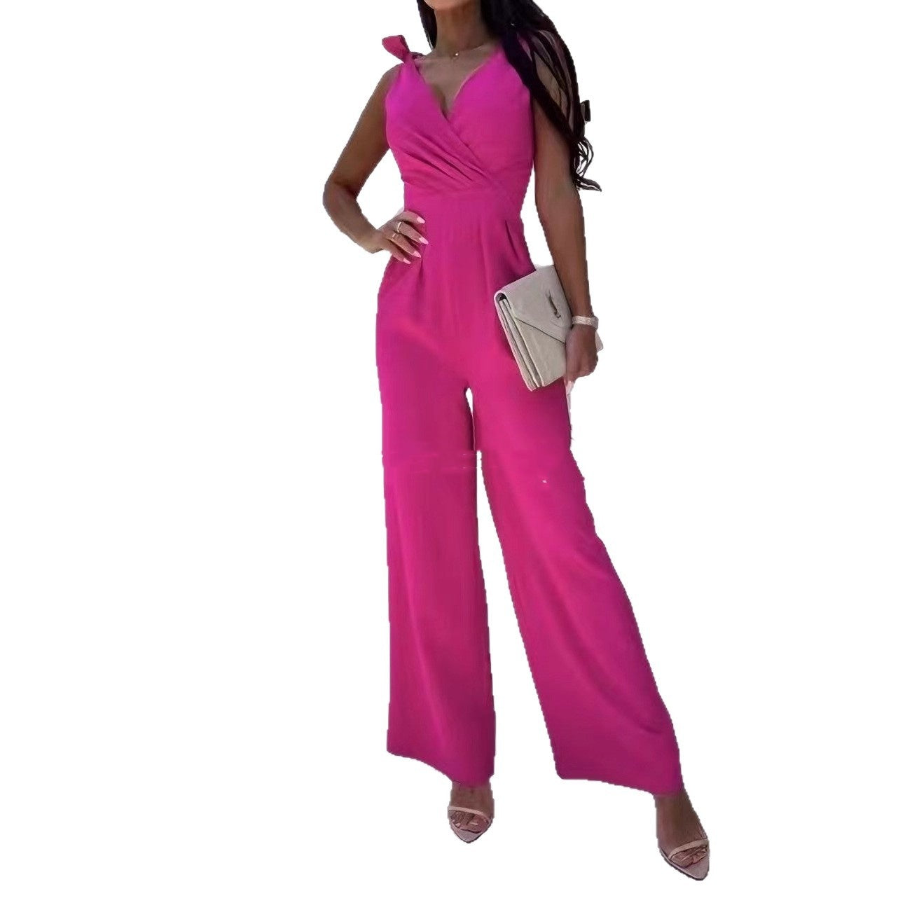 Ärmelloser langer Jumpsuit mit V-Ausschnitt und durchgehend fester Farbe