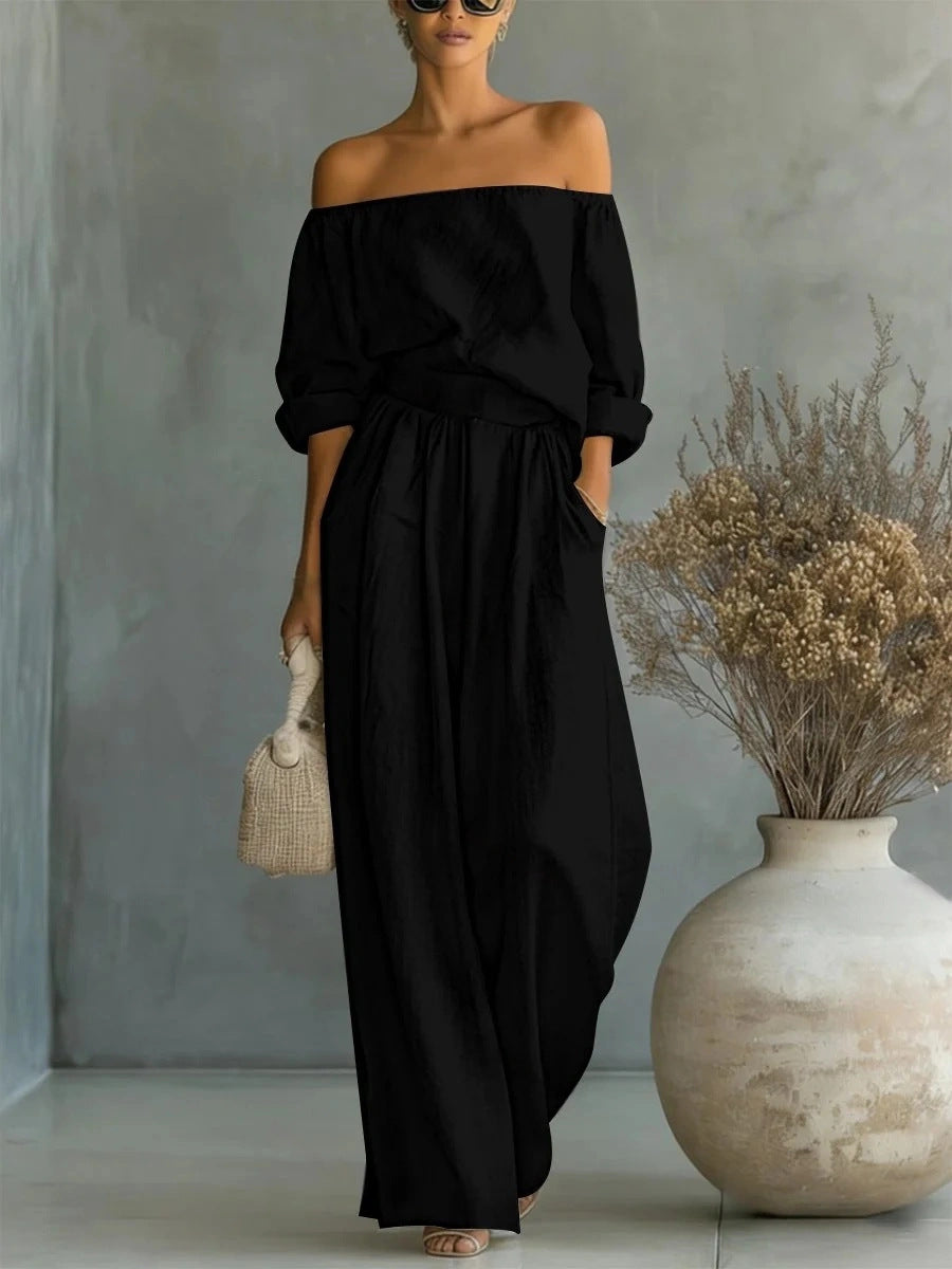Freizeit Zweiteiler Damen-Outfit Off-Shoulder Top und Weite Hose Set