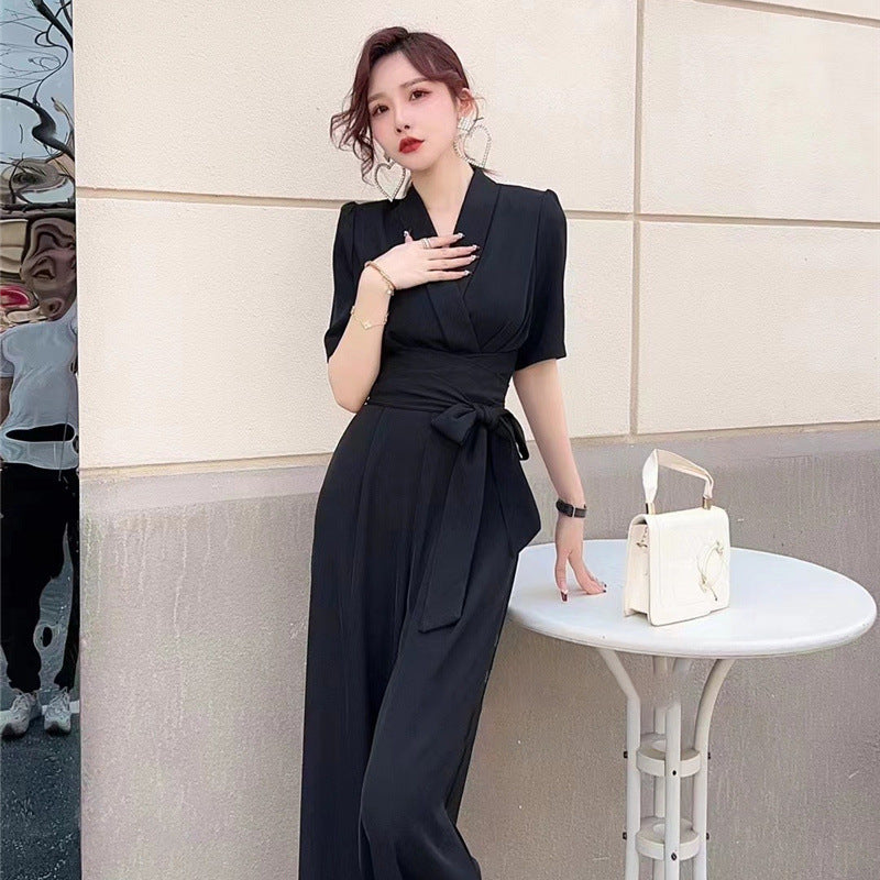 Combinaison élégante à taille haute, coupe amincissante, couleur unie et jambe large avec laçage