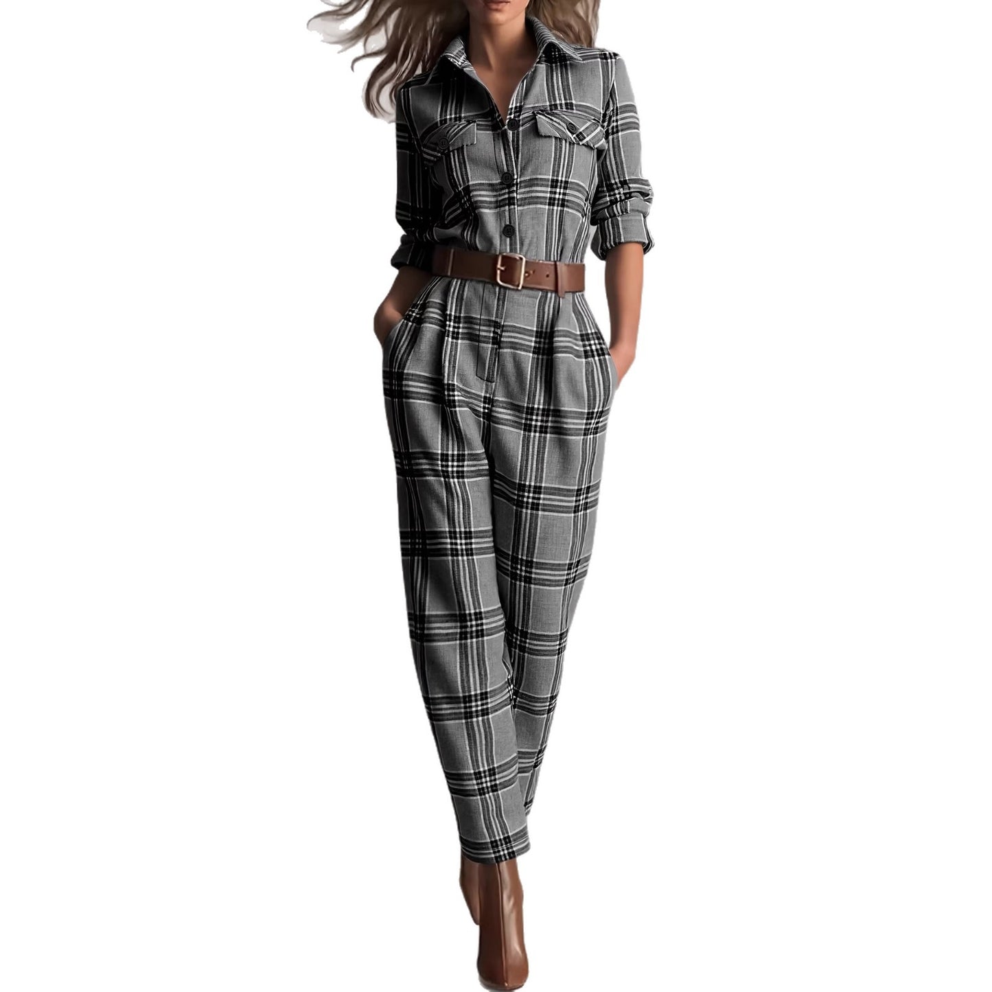 Retro Plaid High-Waisted Jumpsuit And Pockets For Women