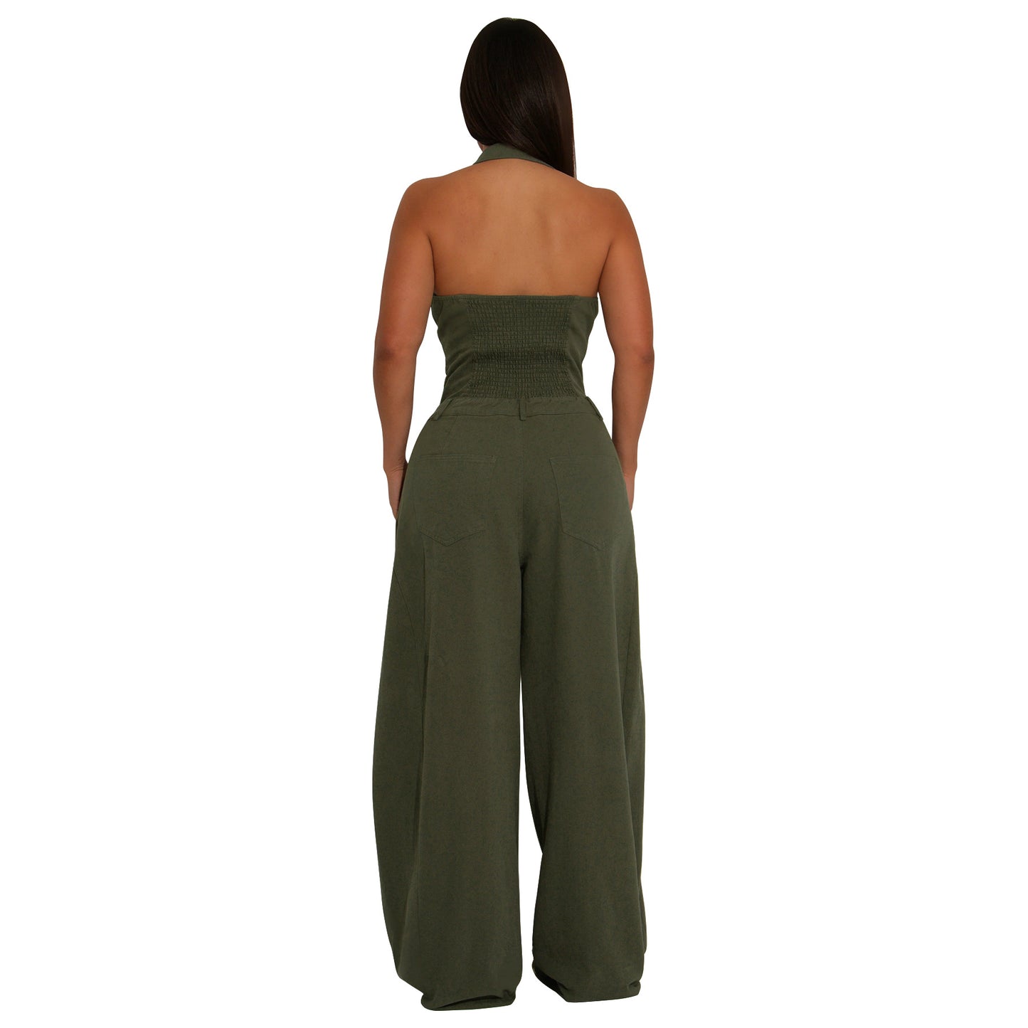 Fashionable Pocketed Sleeveless Backless Casual Jumpsuit