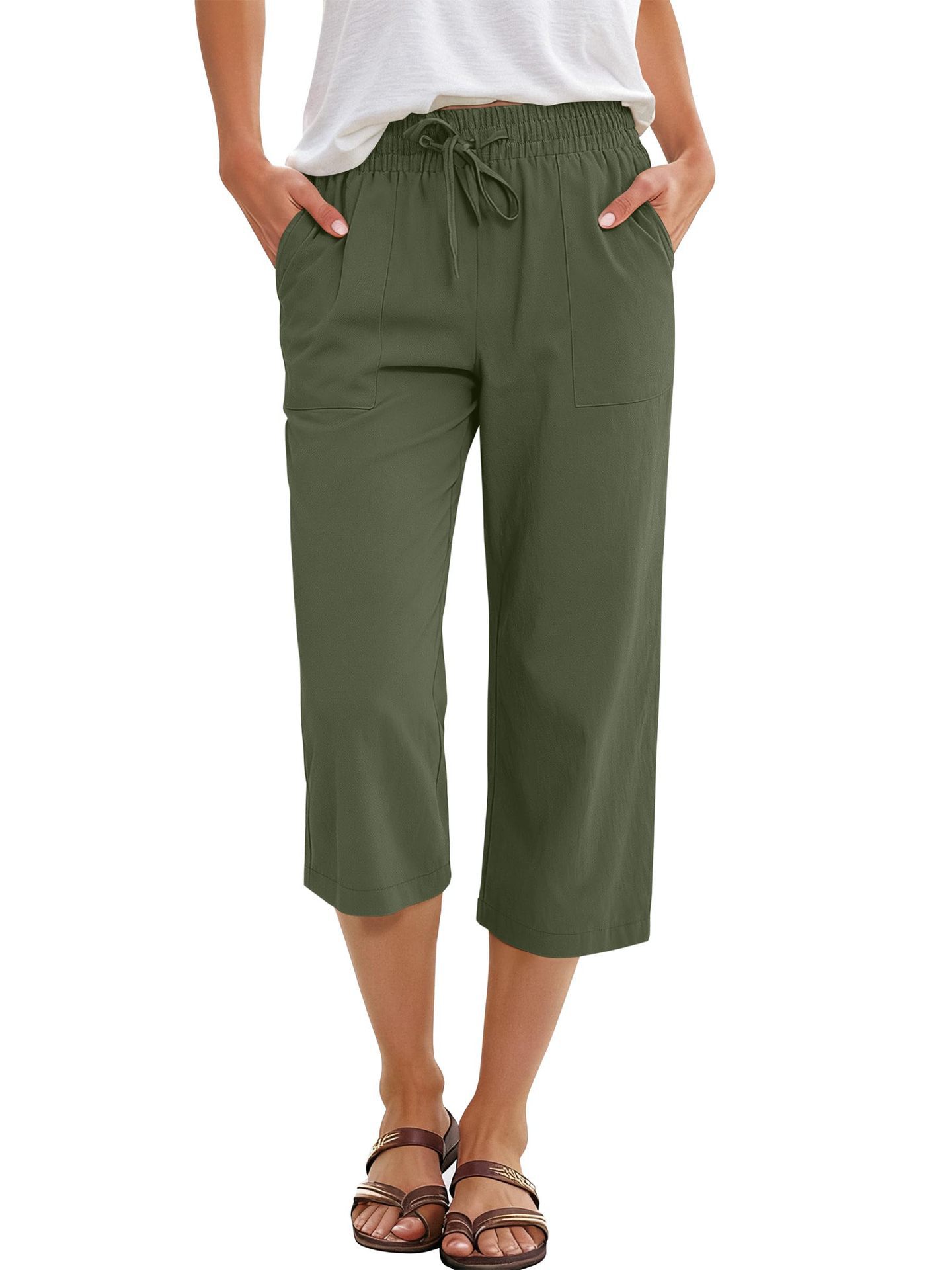 Solid-color Cotton-linen Relaxed-fit Drawstring Wide-leg Casual Pants