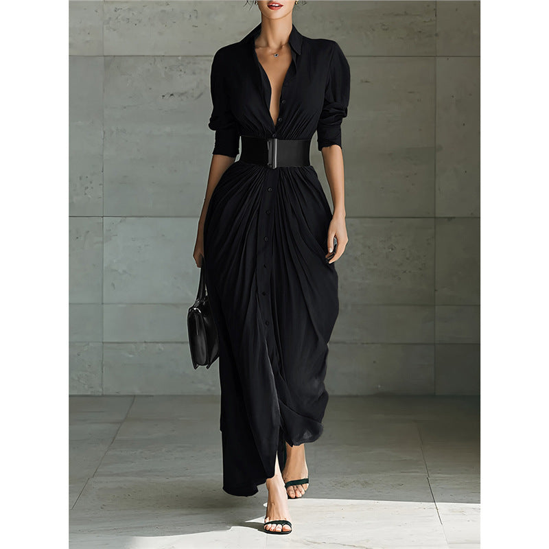 Robe chemise chic boutonnée à col avec ceinture