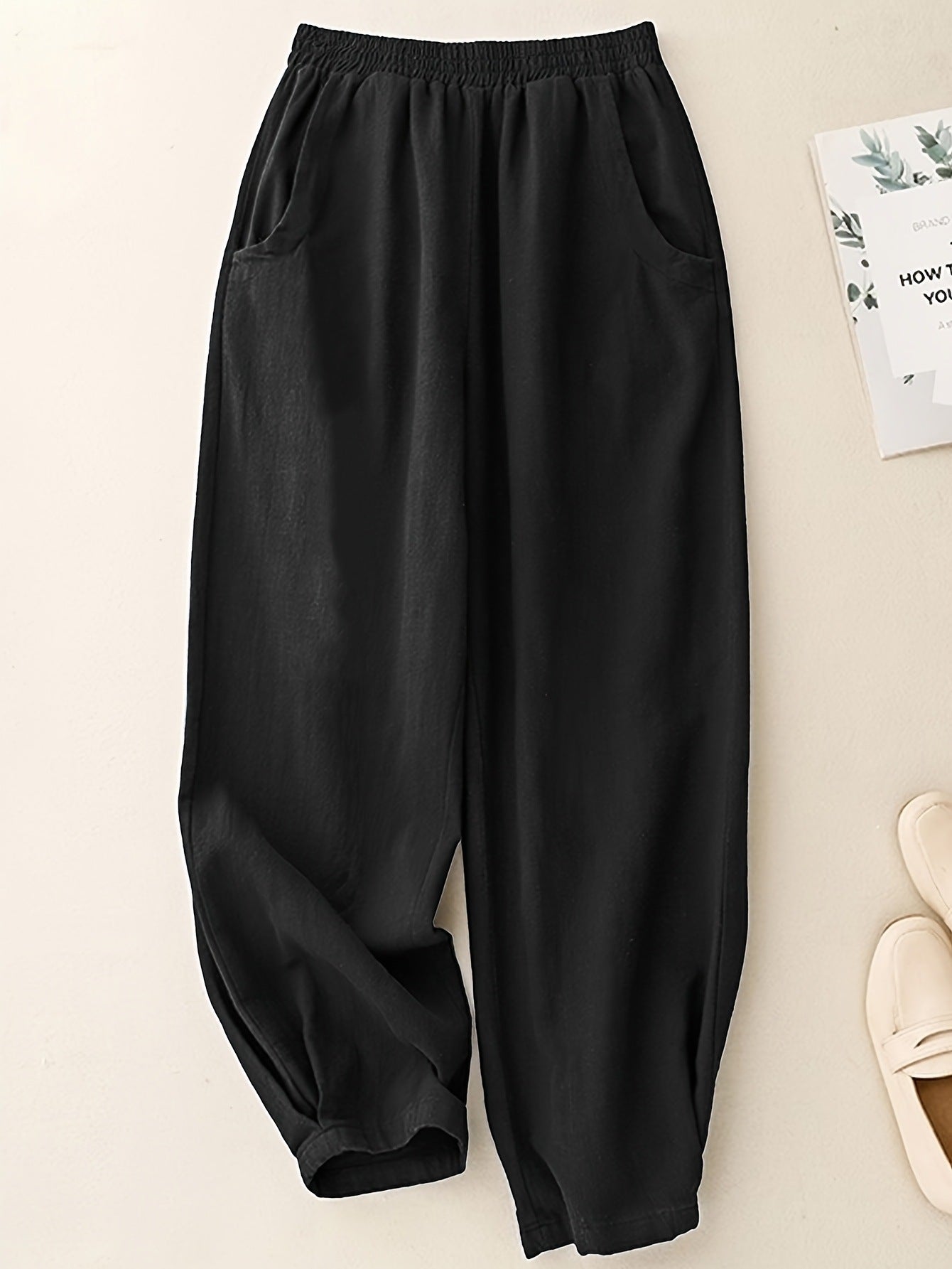 Marineblaue Ankle-Cinched Bloomer Hose aus Baumwoll-Leinen für Damen