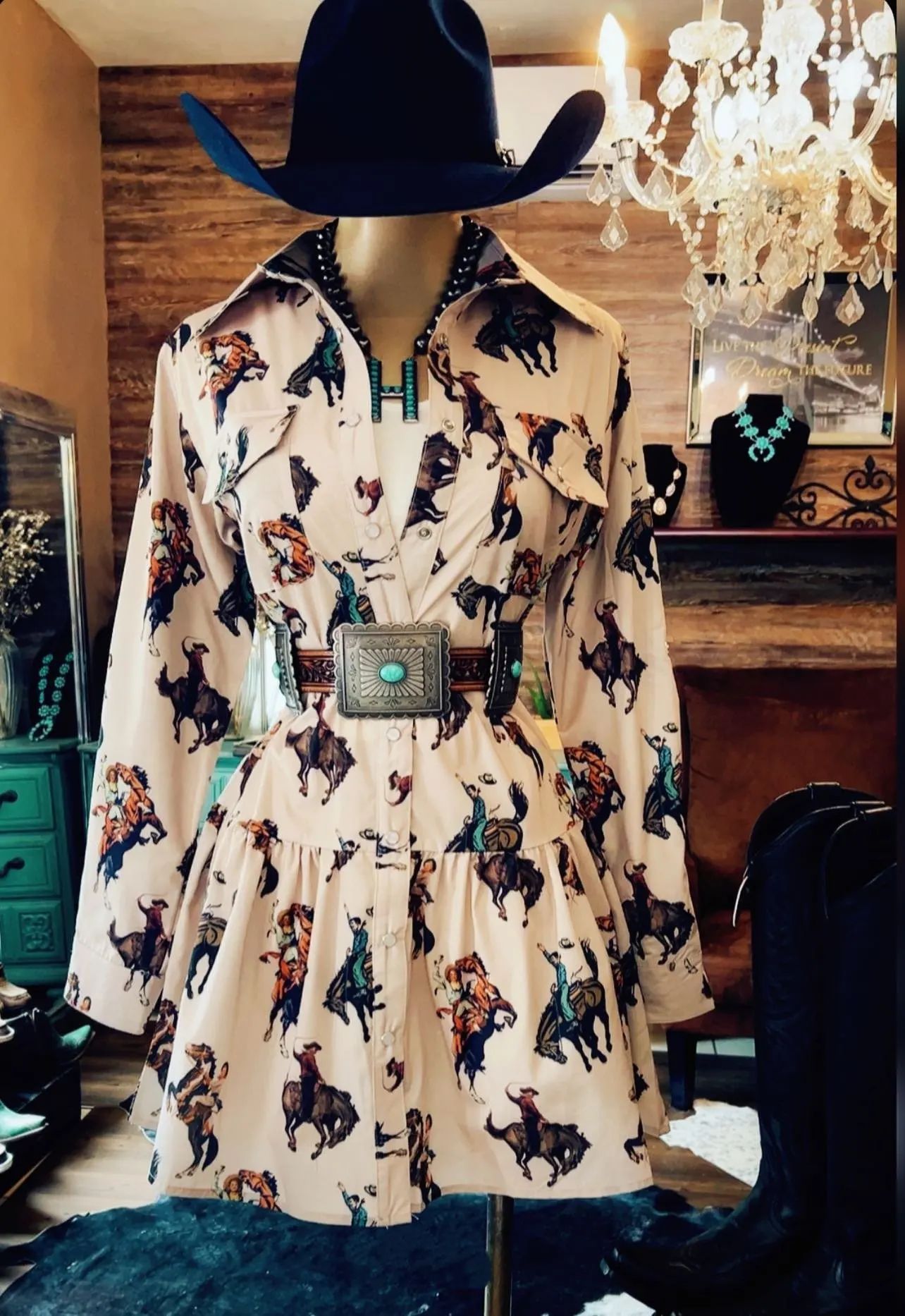 Westernkleid mit Langarm und Cowboy-Print
