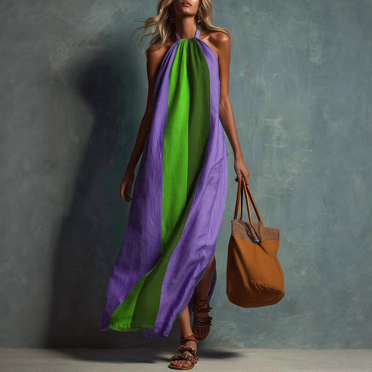 Neck-hanging Color-block Sleeveless Womens Long Dress