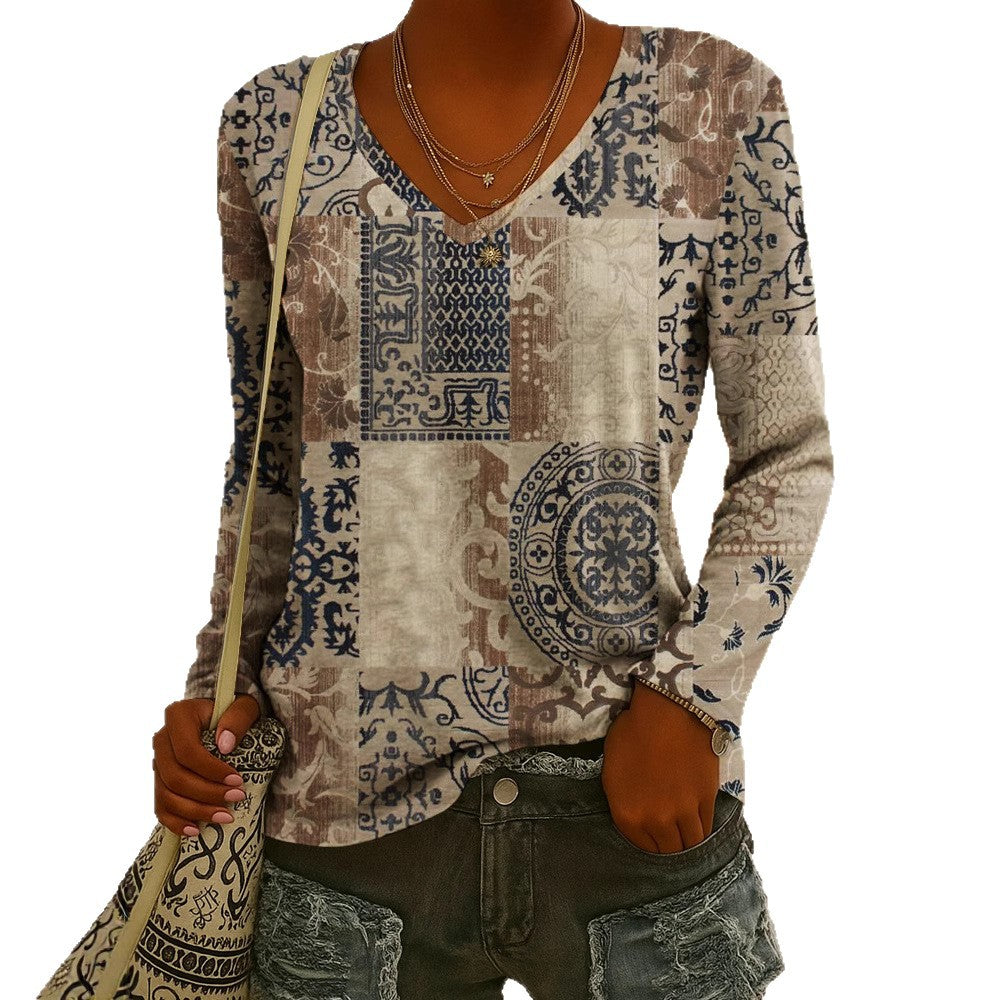 T-shirt à manches longues imprimé col en V style ethnique tendance