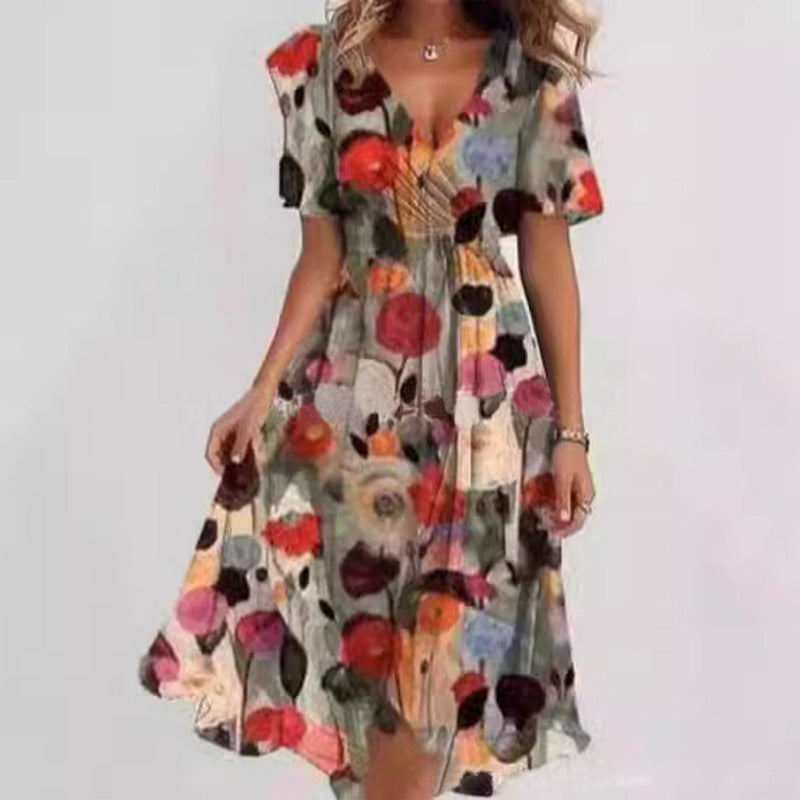 Robe d'été évasée à fleurs imprimées et col en V, à manches courtes pour femme