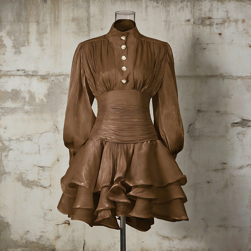 Mesh Puff-sleeve, Waist-cinched Dress With Ruffled Hem And Designer Details