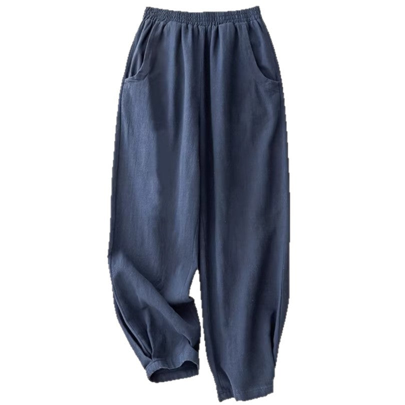Marineblaue Ankle-Cinched Bloomer Hose aus Baumwoll-Leinen für Damen