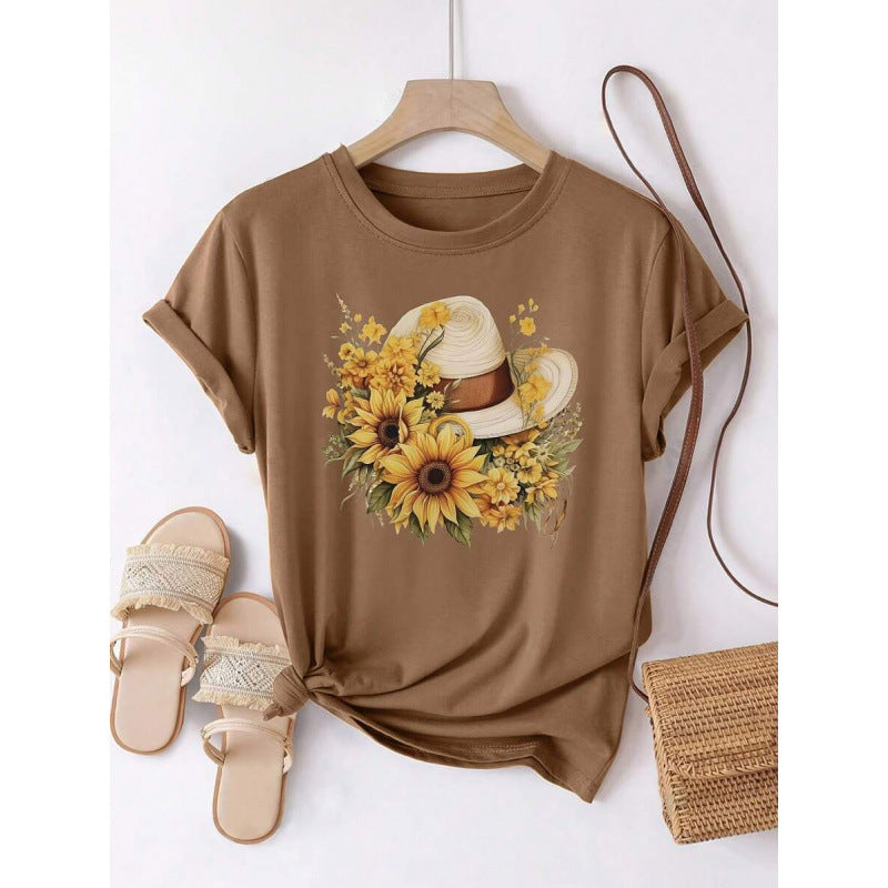 T-shirt ample à col rond en pur coton avec motif chapeau de paille tournesol pour femme