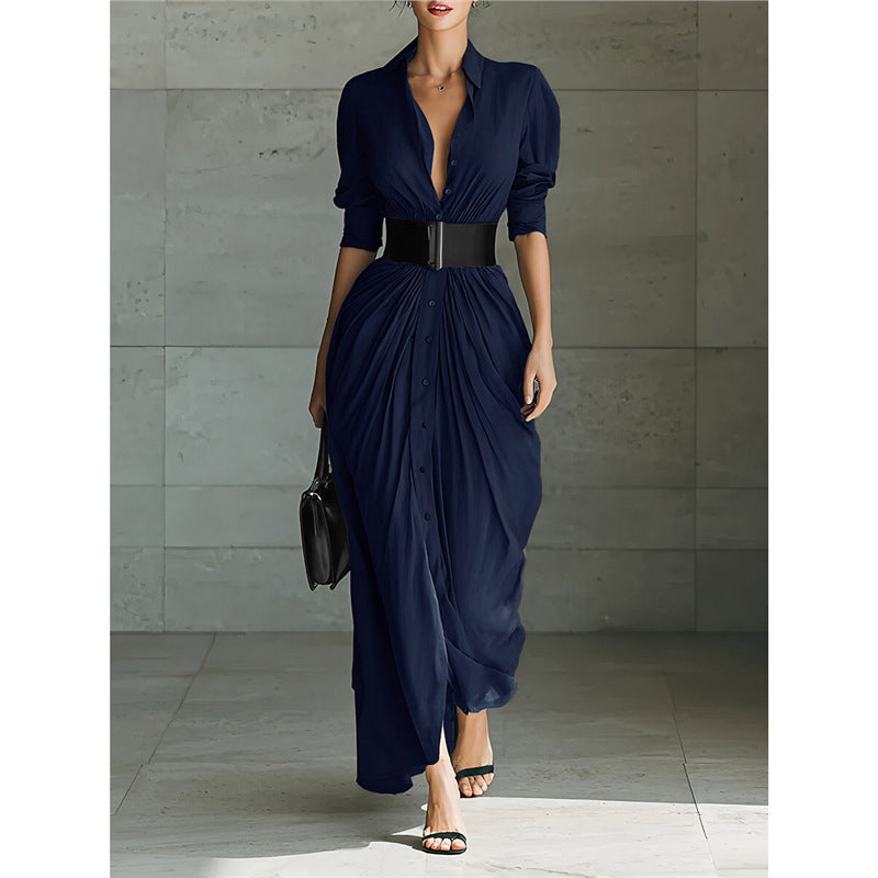 Robe chemise chic boutonnée à col avec ceinture