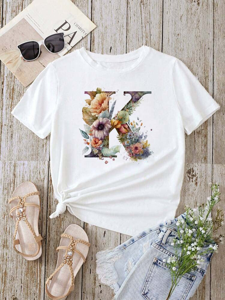 Stylish Womens T-shirt Featuring A Floral Letter Font With The First Letter Of Your Name Short-sleeve Top In White