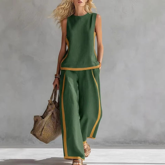 Round-neck Sleeveless Casual Loose Top And High-waist Loose Wide-leg Pants Set