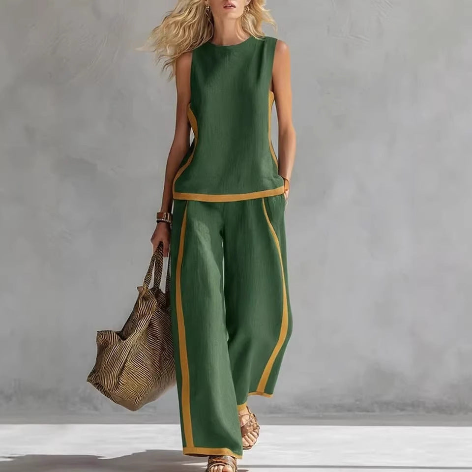 Round-neck Sleeveless Casual Loose Top And High-waist Loose Wide-leg Pants Set