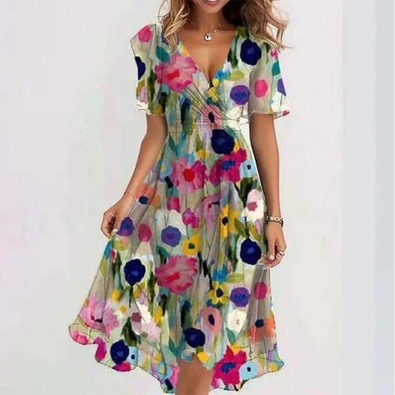 Robe d'été évasée à fleurs imprimées et col en V, à manches courtes pour femme