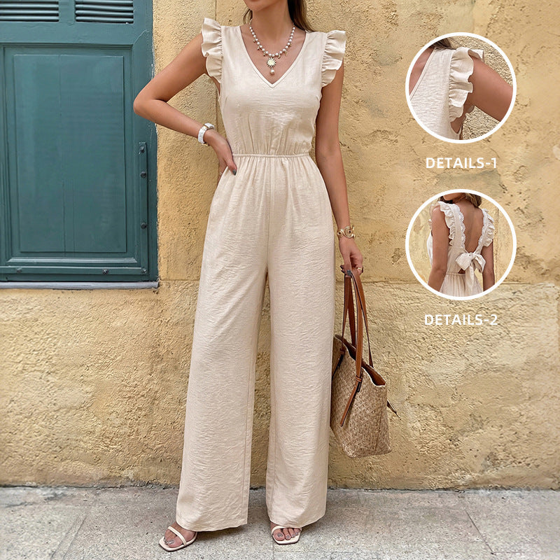 Jumpsuit mit V-Ausschnitt, Schmetterlingsärmeln und Rückenschleife