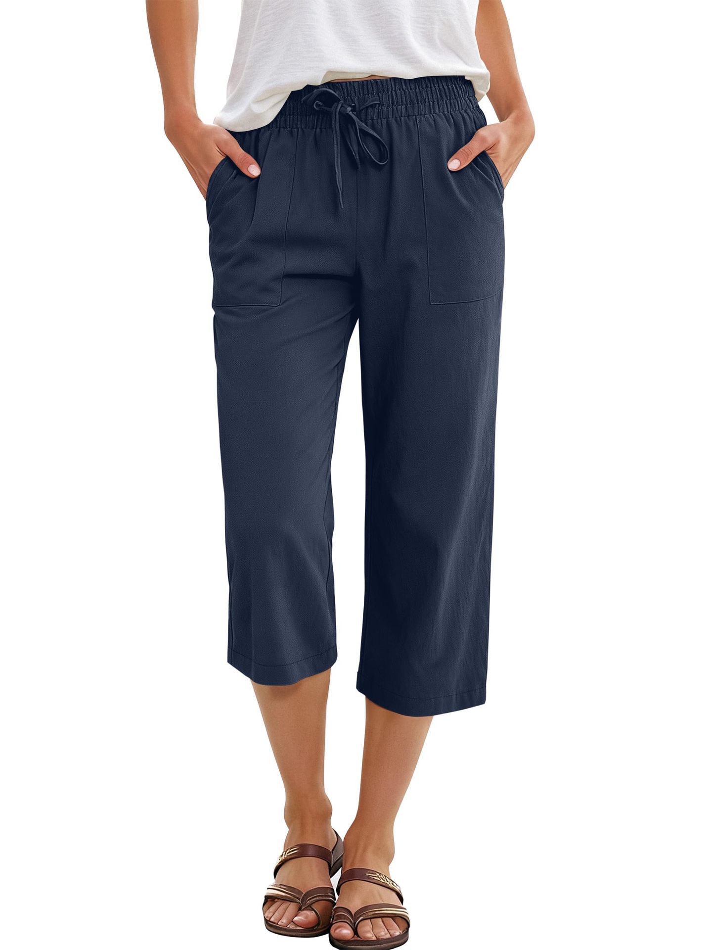 Solid-color Cotton-linen Relaxed-fit Drawstring Wide-leg Casual Pants