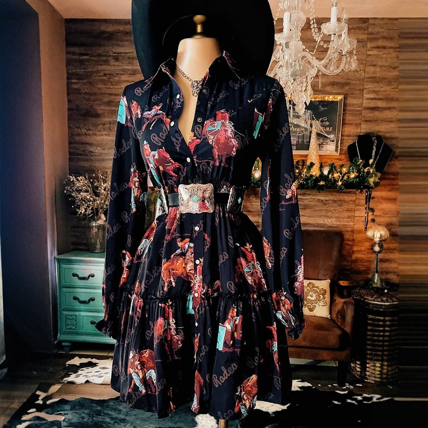 Westernkleid mit Langarm und Cowboy-Print