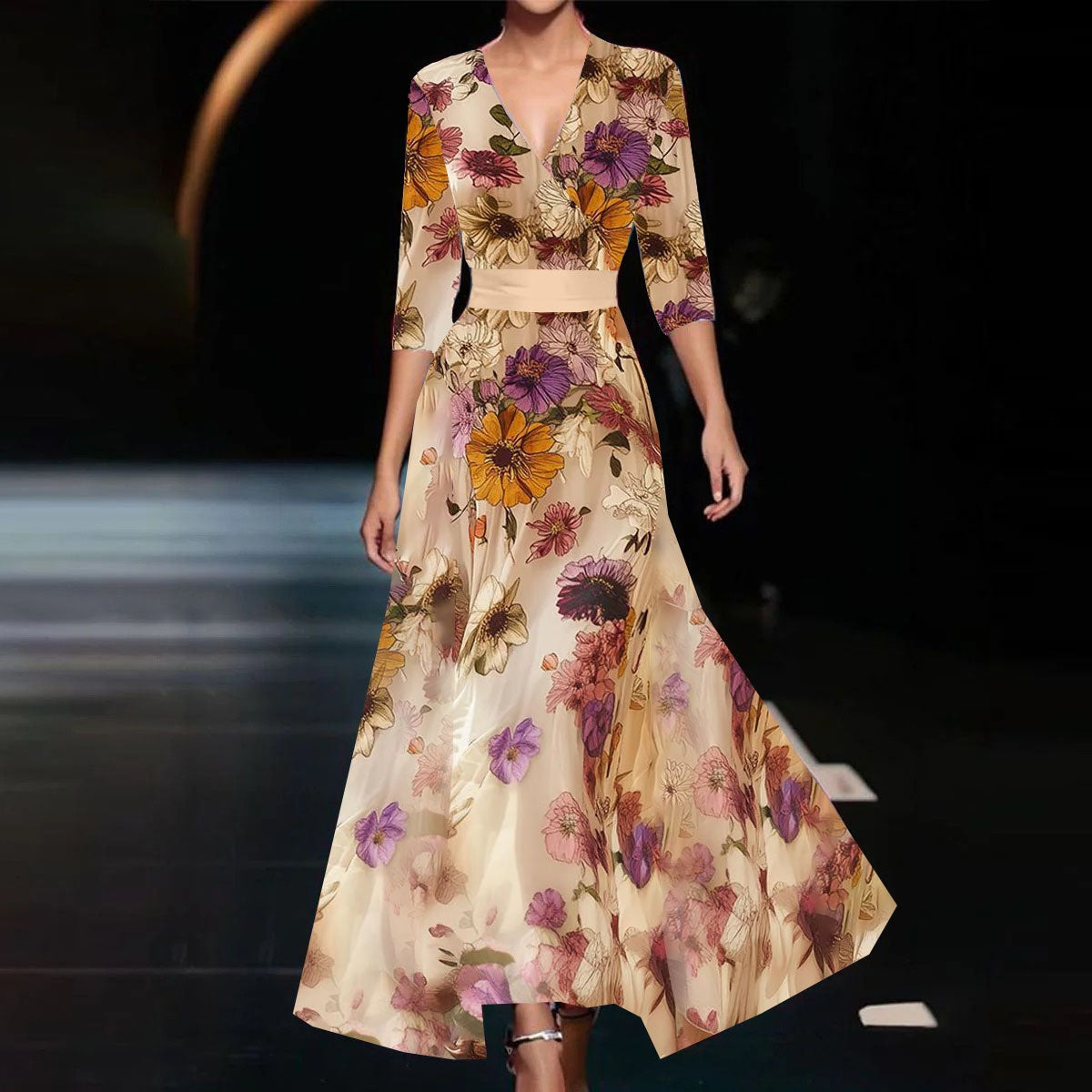 Sommer V-Ausschnitt Schlitz Kurzarmkleid Mode Blumenmuster A-Linie Maxikleider Party Club Strandkleidung Für Damen