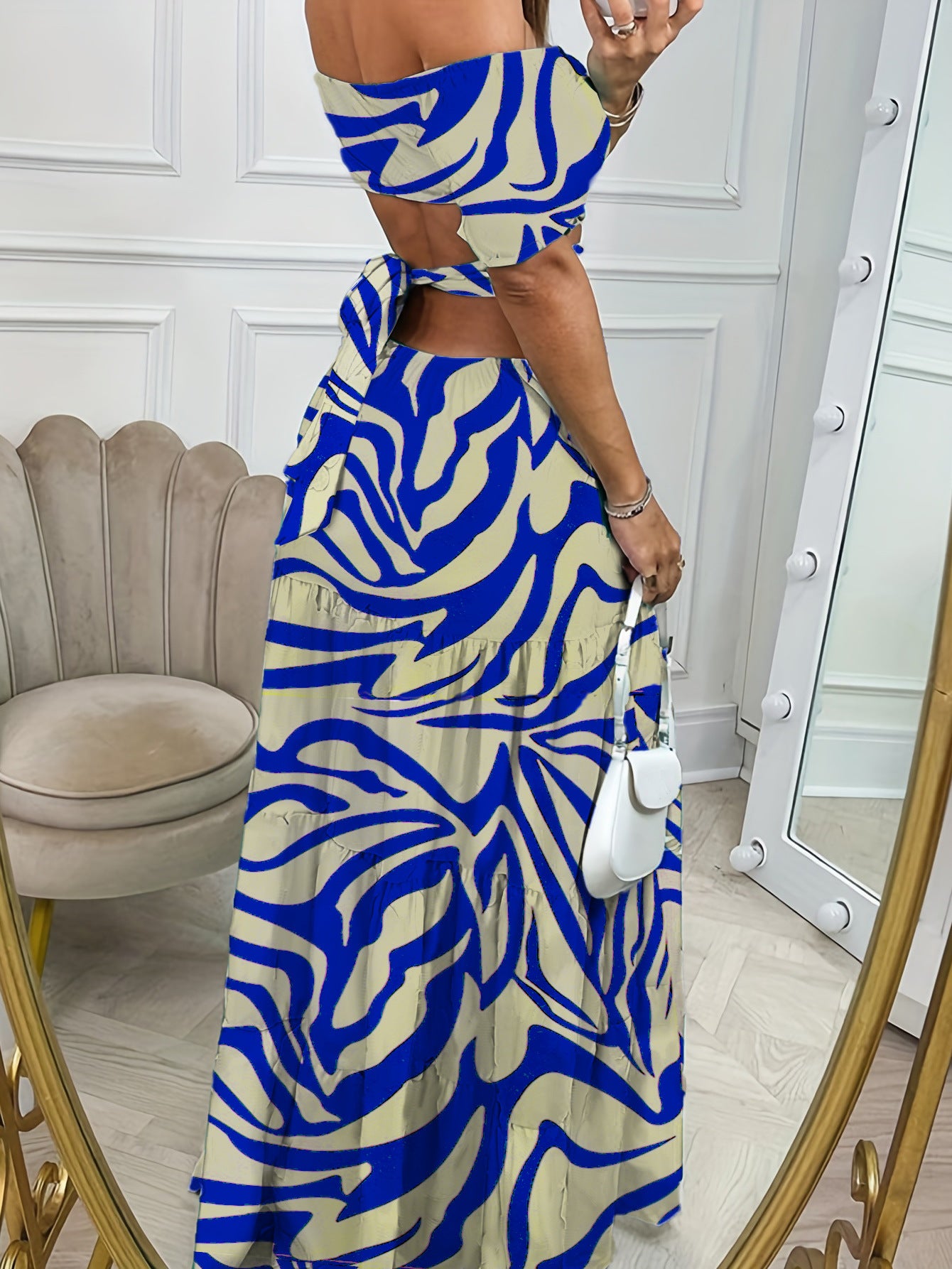 Bedrucktes, einreihiges Langarmkleid mit Hohlsaum, Sommerurlaubskleider für Damen